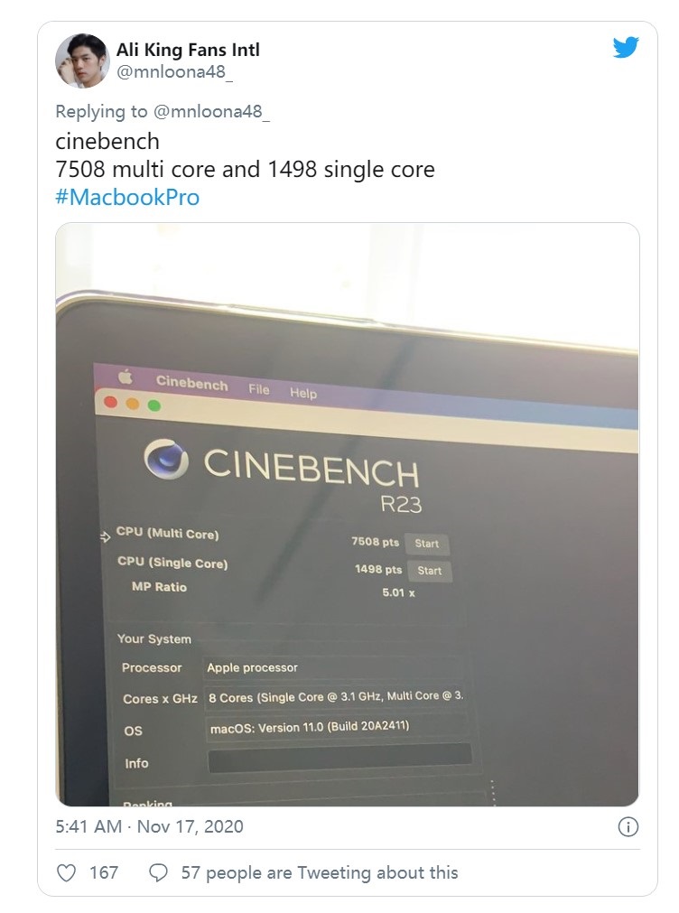 M1 MacBook Pro  Cinebench ׼л 7508 ֵĸ߷