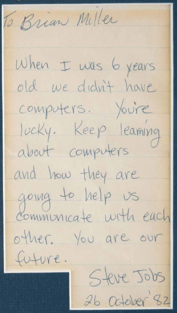 Steve Jobs' autographed note to a 6-year-old named Brian Miller