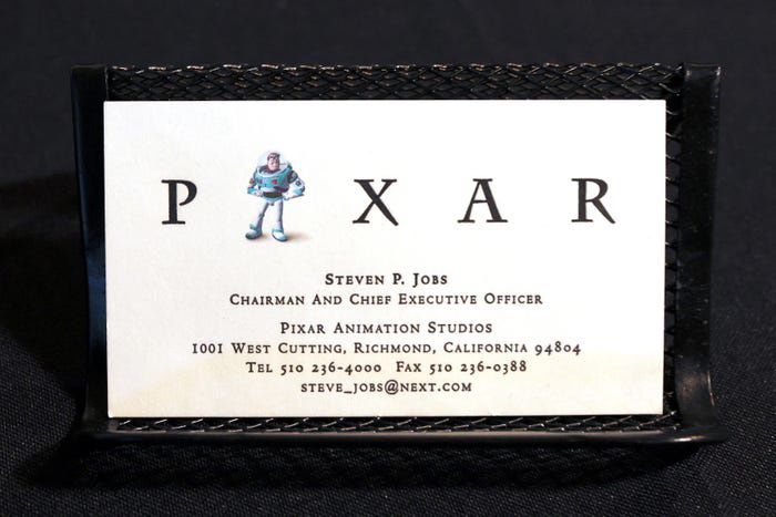 A 1990s Steve Jobs Pixar Animation Studios personal business card is pictured during a preview of items offered in RR Auction's 