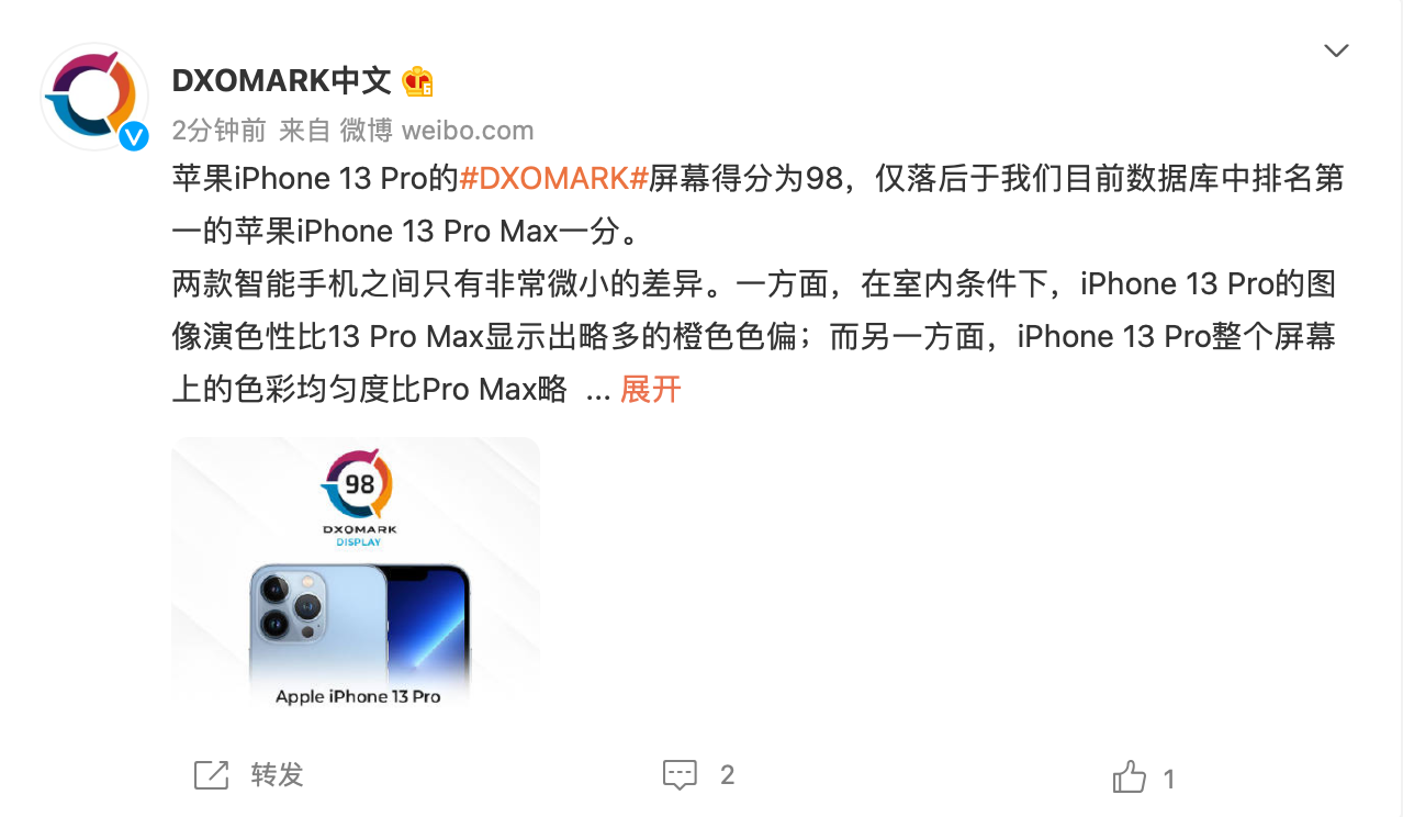 ƻ iPhone 13 Pro DXOMARK Ļ÷Ϊ 98 