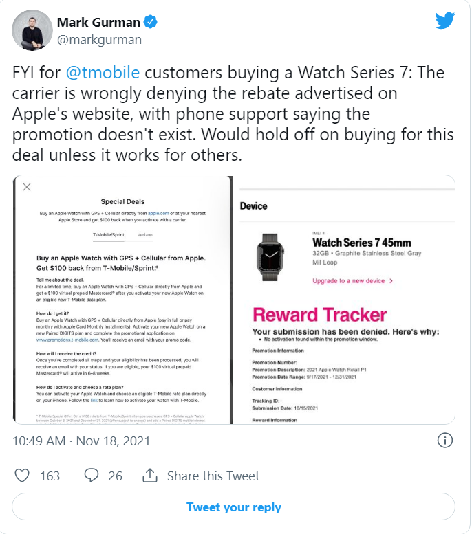 Ӫ T-Mobile ܾΪ Apple Watch Series 7 ˿ 100 ԪŻݴ