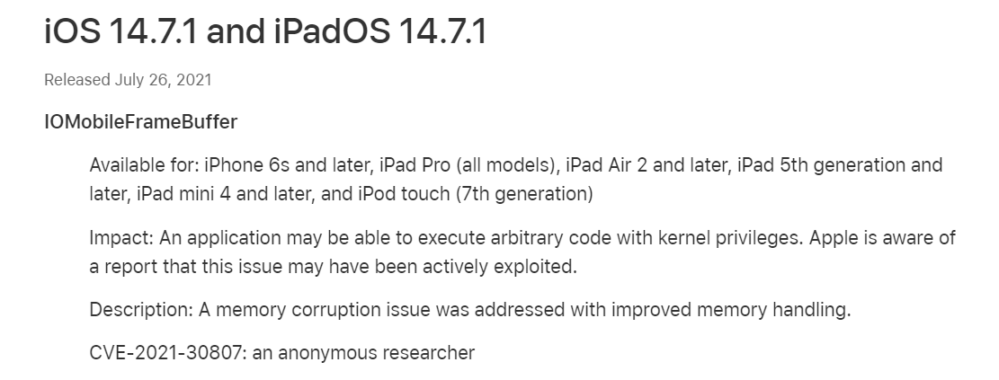 iOS/iPadOS 14.7.1(版本号18G82)正式版发布