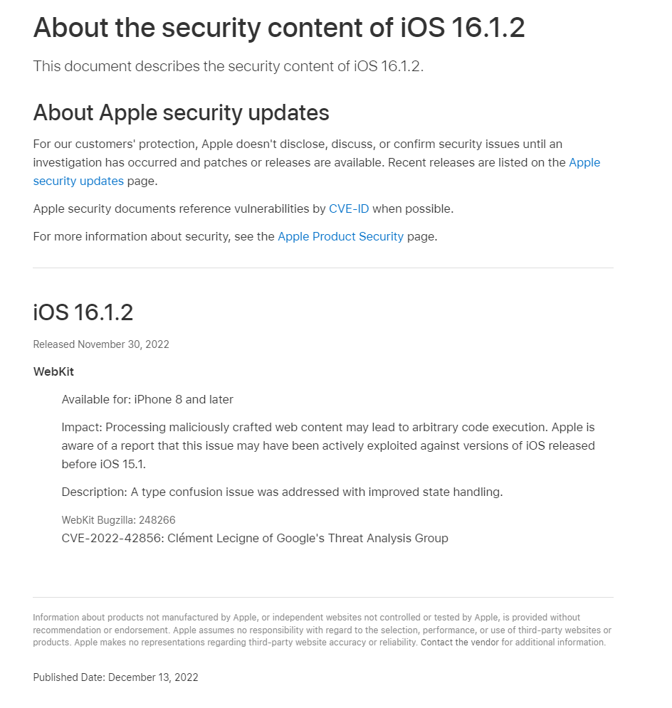 ֤ڿͻãƻǰ iOS 16.1.2 ޸ WebKit ©